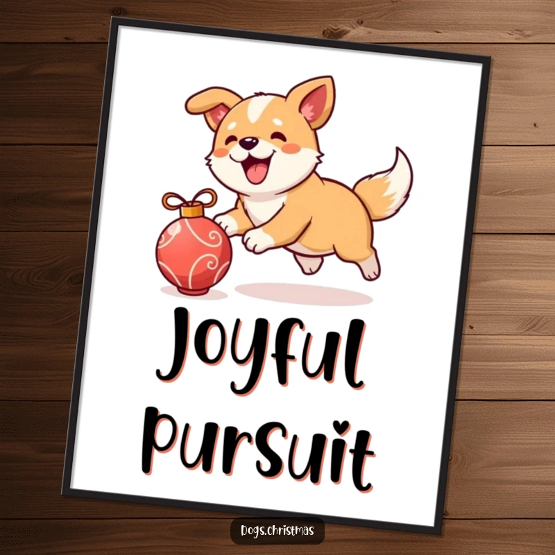 Funny kawaii dog chasing a rolling ornament, playful bark, digital art print, instant download, festive pup, perfect funny gift.