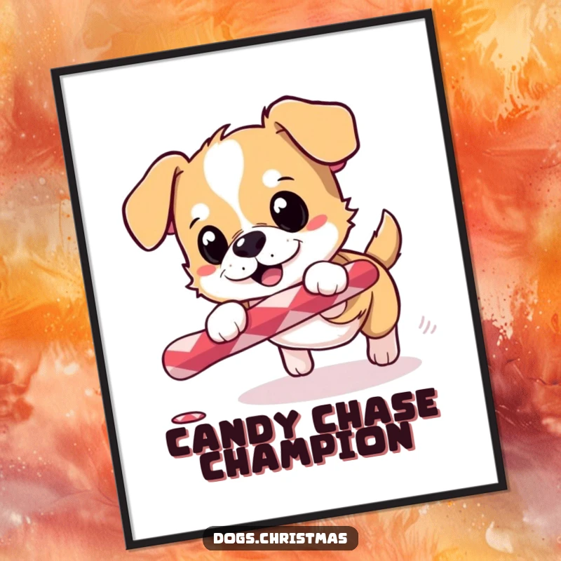 Funny digital art print of a small dog excitedly chasing a rolling candy cane, ready for instant download.