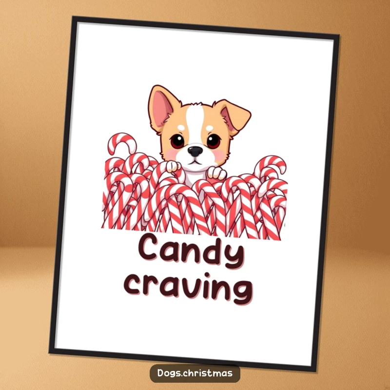 Funny dog digital art print, curious dog peeking from behind pile of candy canes, eyes wide with wonder, sweet holiday mischief.