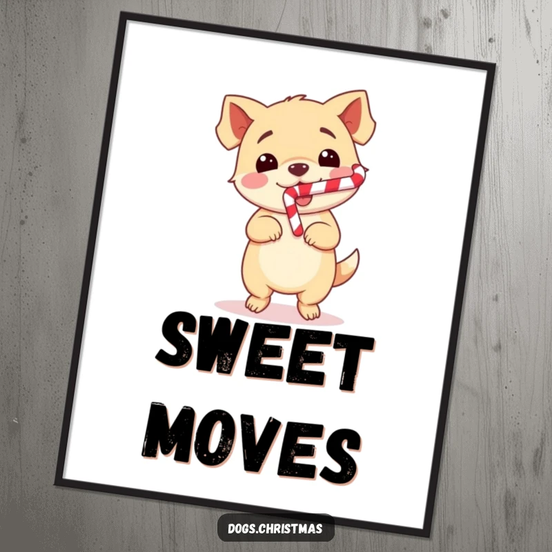 Funny Dog Digital Art Print of a cute kawaii dog doing a happy dance with a candy cane, offering instant downloadable holiday humor.