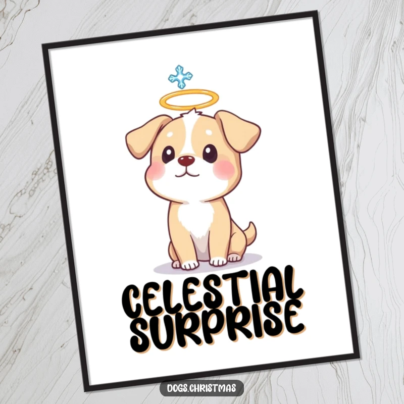 Funny Dog Halo Digital Art Print showing a surprised dog with a halo and snowflake, instant humorous decor.
