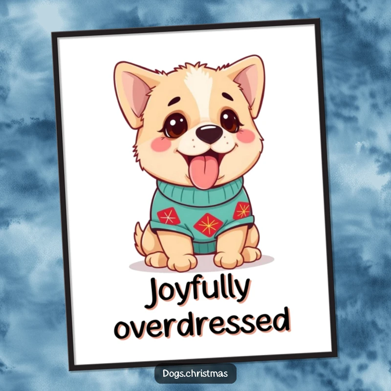 Funny Dog Digital Art Print of a cute dog in a festive sweater, panting happily, ideal for festive wall art.