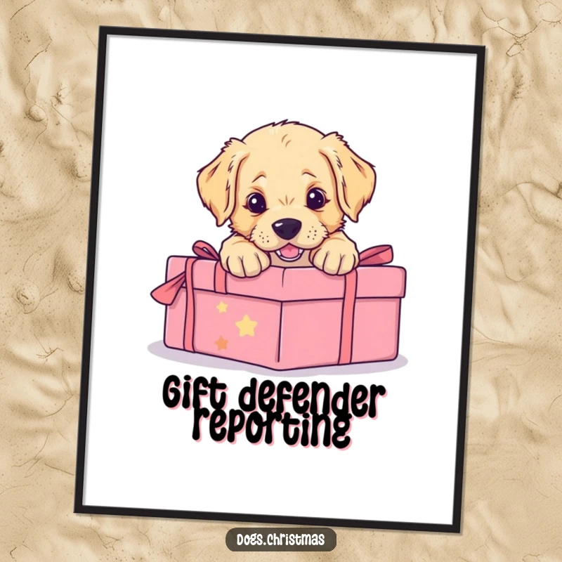Funny digital art print of a golden retriever puppy hilariously pouncing on a wrapped gift, capturing pure, uninhibited puppy glee.