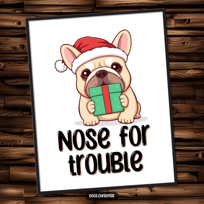 Funny kawaii bulldog wearing a Santa hat, humorously balancing a gift on its nose, instant digital download.