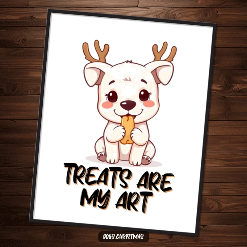 Funny kawaii dog wearing reindeer antlers, begging for treats, as a high-resolution digital art print.