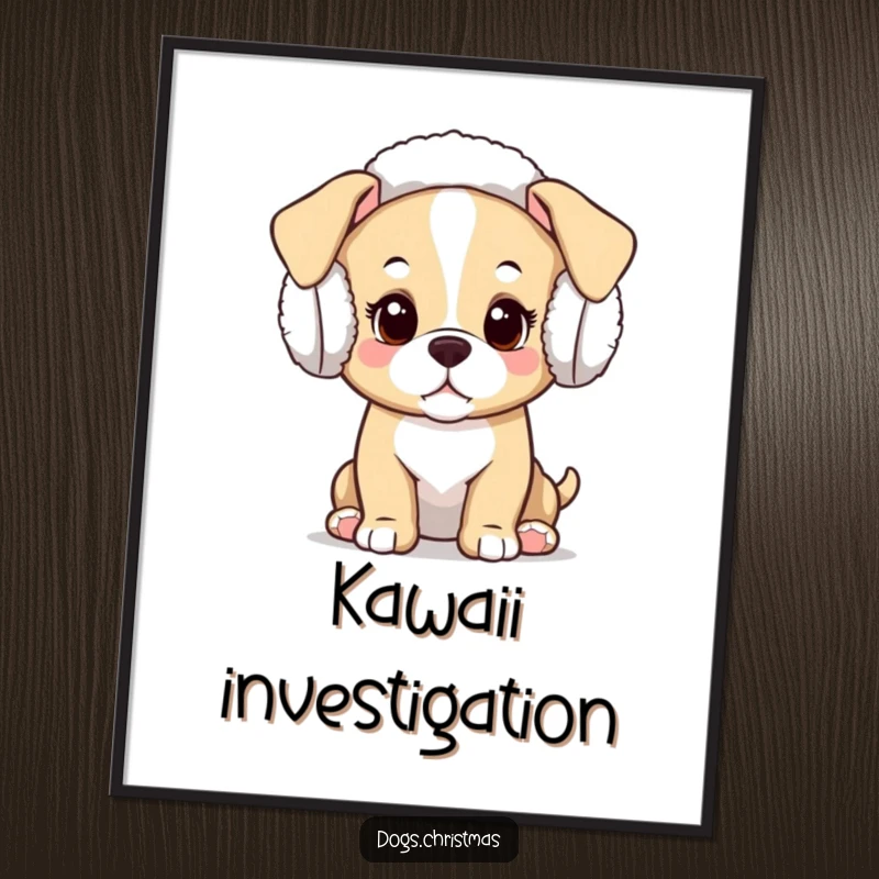 Funny Kawaii Puppy Digital Art Print: A charming illustration of a curious kawaii puppy wearing festive earmuffs, ready to print.