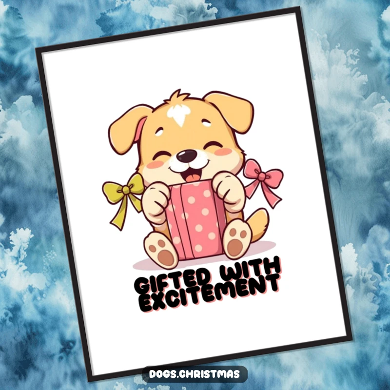 Funny Unwrapping Dog Digital Art Print: A charming illustration of a dog gleefully using its paws to open a present, ready to print.