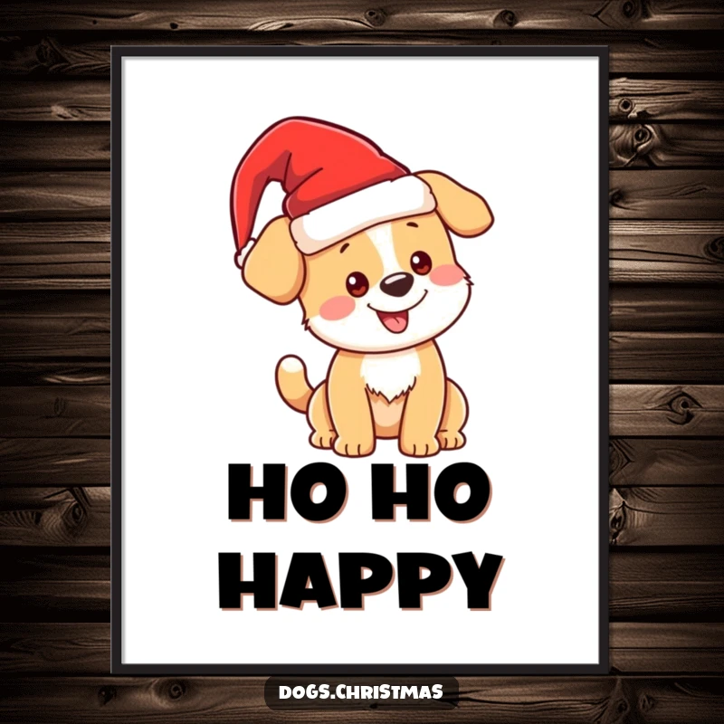 Funny kawaii Christmas dog with Santa hat, wagging tail, digital art print, instant download, festive pup, perfect funny gift.