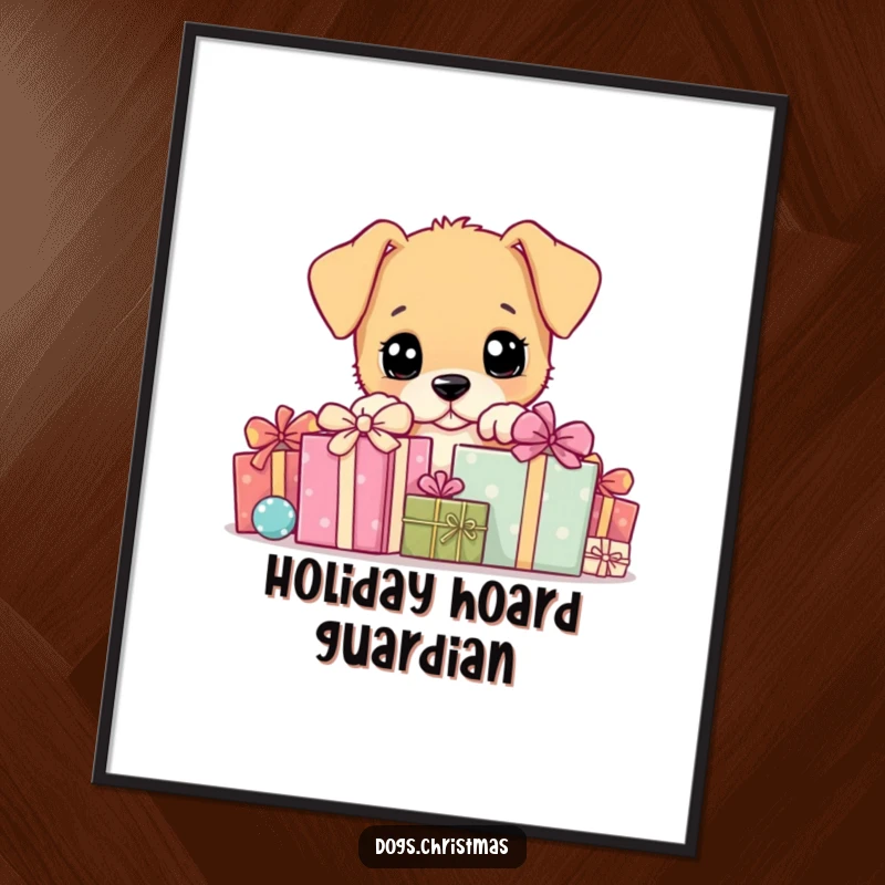 Funny Digital Art Print: A puppy peeking playfully from behind a stack of presents, capturing a moment of pure, unadulterated joy.