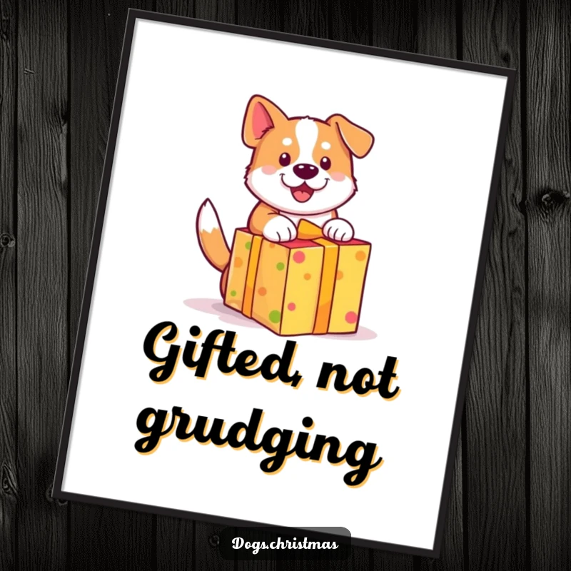 Funny dog digital art print, cute wagging tail, unwrapping a brightly colored gift with excitement, instant decor.