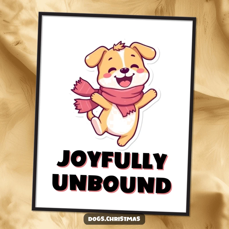 Funny dog digital art print, happy character wearing a scarf, doing a joyful leap, instant decor.