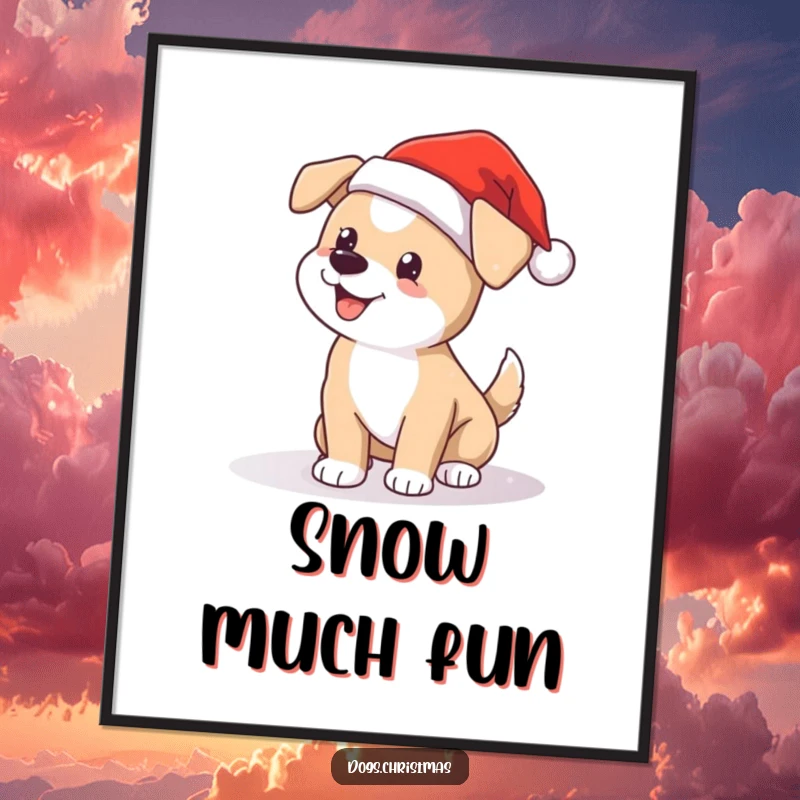 Funny Santa dog digital art print, cute wagging tail in snow, joyful Christmas download for home decor.