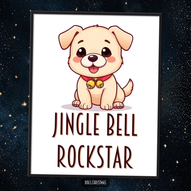 Funny digital art print of a cute dog wearing small jingle bells, bringing playful charm to walls.