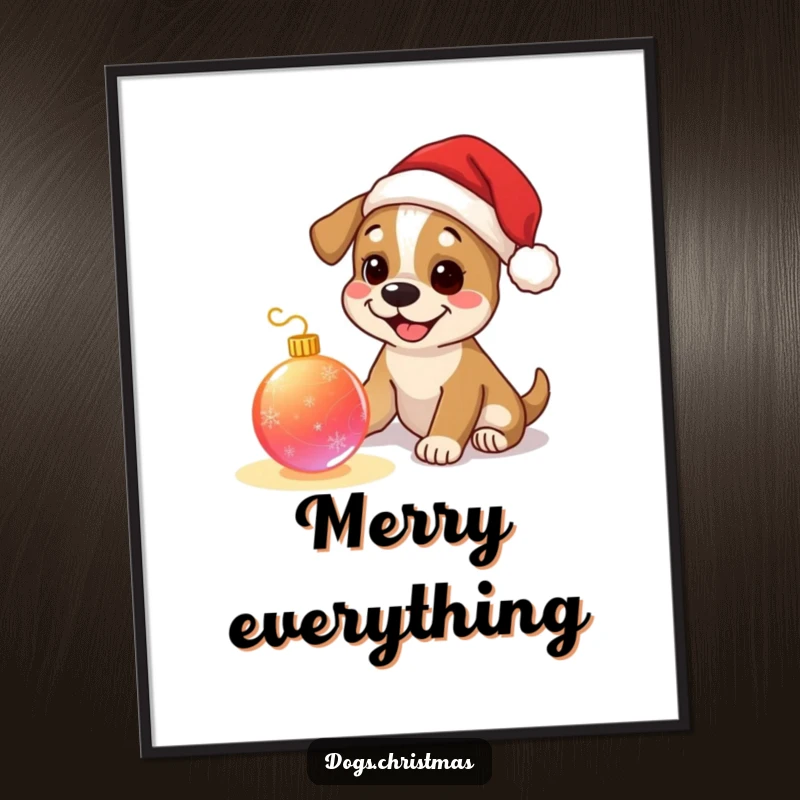 Funny dog digital art print, happy pup wearing tiny Santa hat, playing with a glowing Christmas ornament, festive holiday theme.