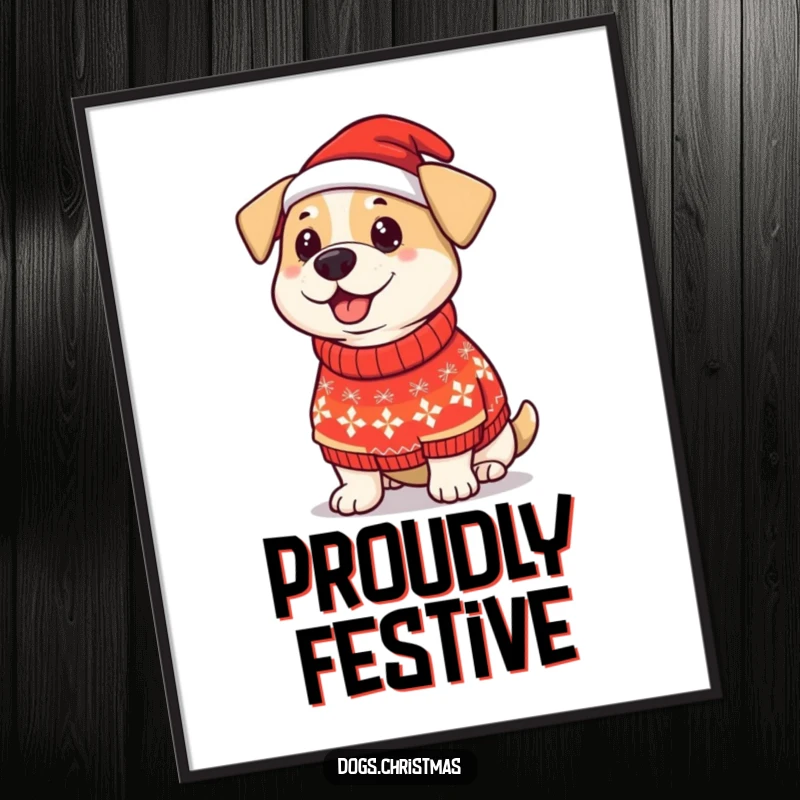 Funny Dog Christmas Sweater Digital Art Print: A proud dog wears a silly Christmas sweater, ready to add festive humor to your walls.