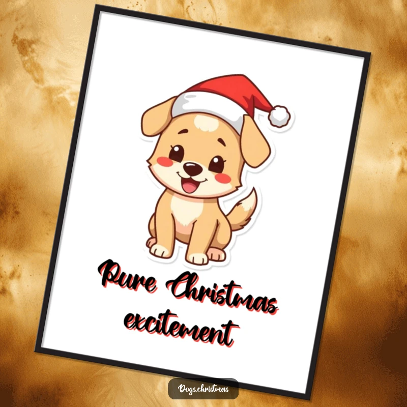 Funny Christmas Dog Digital Art Print: A charming printable featuring a happy dog in a Santa hat, wagging its tail.