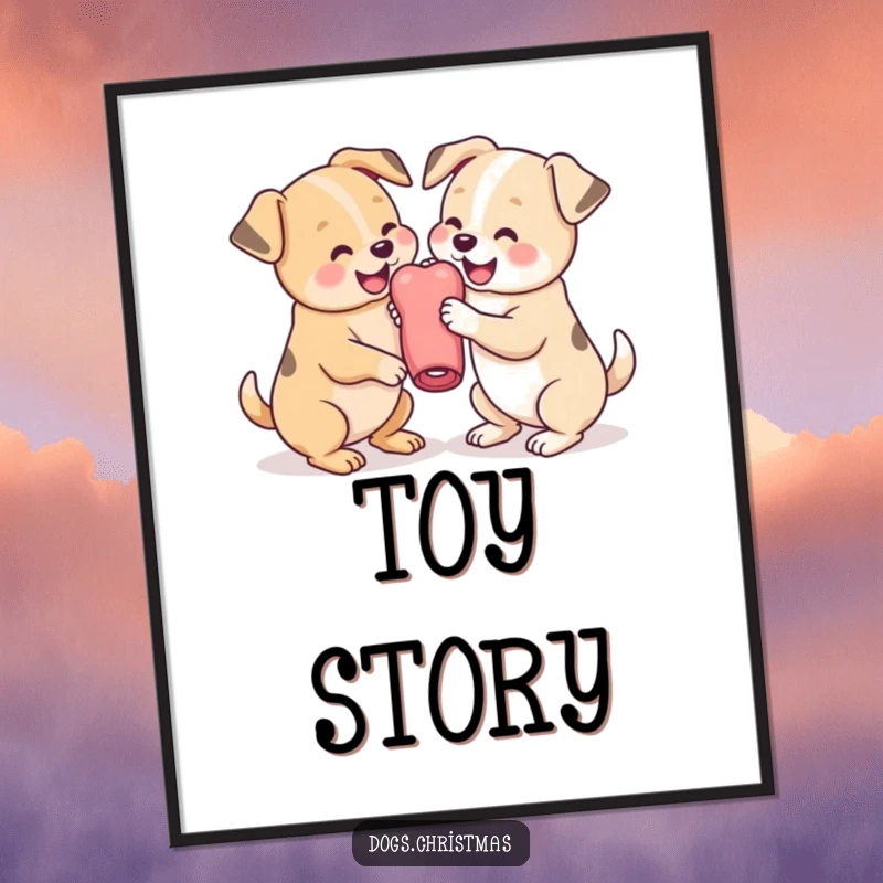 Funny Dog Digital Art Print of two cute kawaii dogs playfully wrestling over a chew toy, offering instant downloadable charm and humor.
