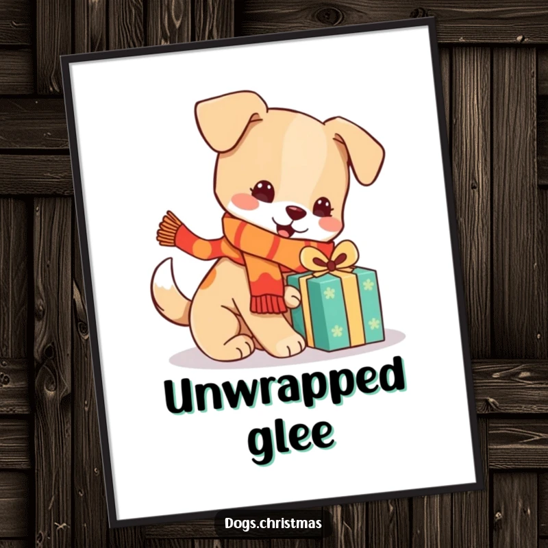 Funny kawaii dog wearing a scarf, playing with a gift, digital art print, instant download, festive pup, perfect funny gift.