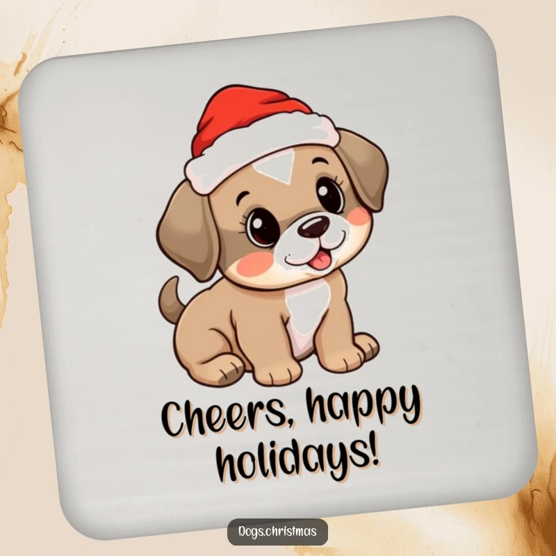 Funny drink coaster showing a cute puppy wearing a Santa hat, adding festive flair.