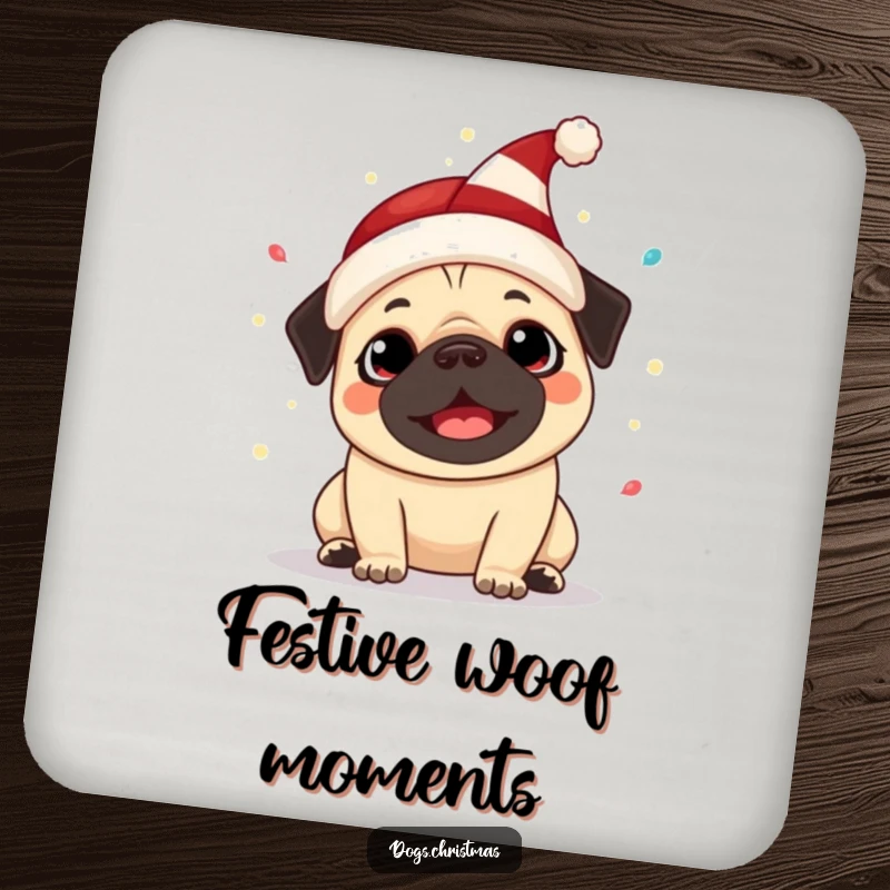 Funny Kawaii Pug Coaster: Festive lights surround a happy pug in an elf hat, a humorous and functional drink accessory.