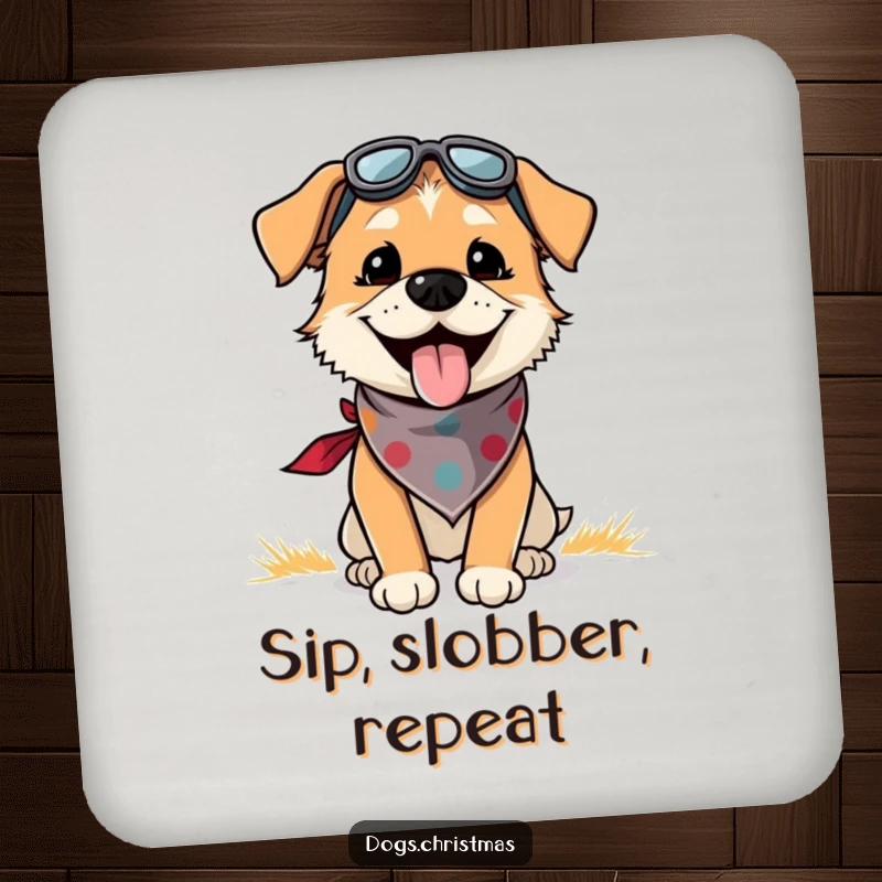 Funny drink coaster with a dog in a bandana, panting with outdoor joy, adds a humorous touch to home decor.