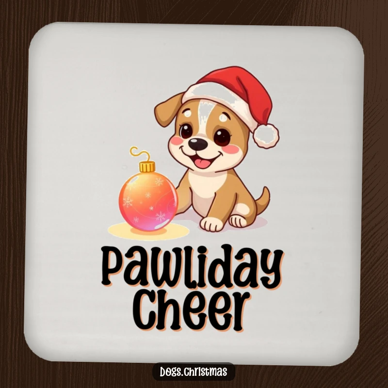 Funny dog coaster, happy pup wearing tiny Santa hat, playing with a glowing Christmas ornament, perfect for holiday table protection.