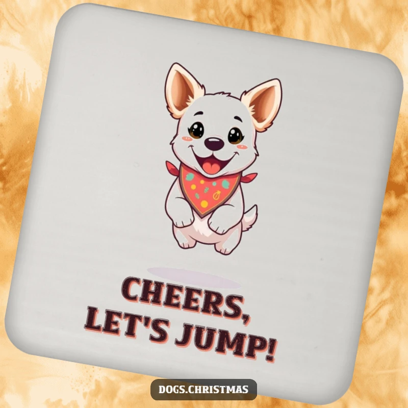 Funny drink coaster showing a dog wearing a festive bandana, doing a happy jump, perfect for holiday decor.