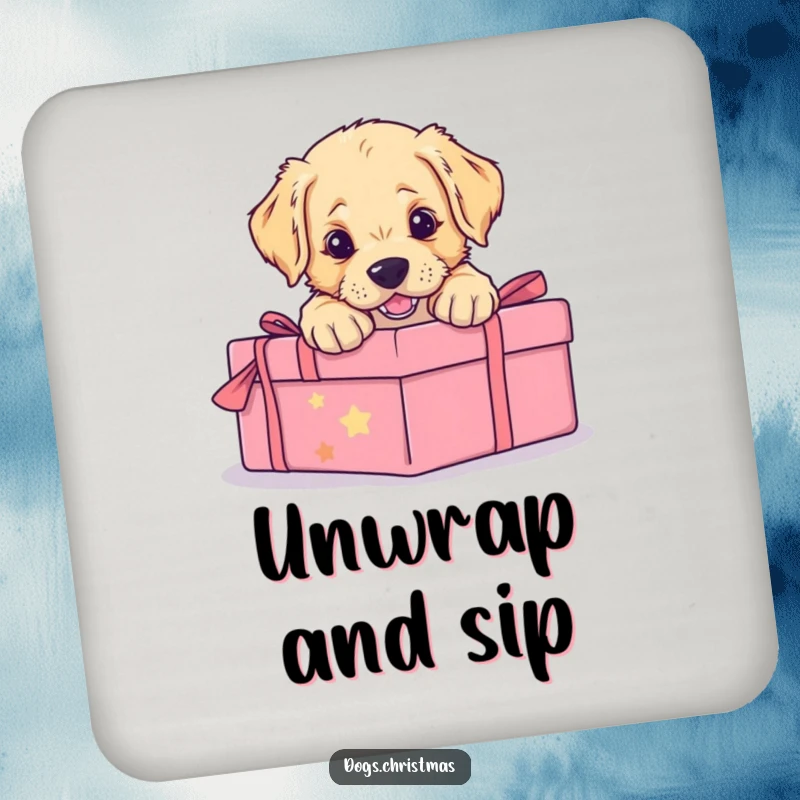 Funny drink coaster showing a golden retriever puppy excitedly pouncing on a wrapped gift, adding a touch of canine whimsy.