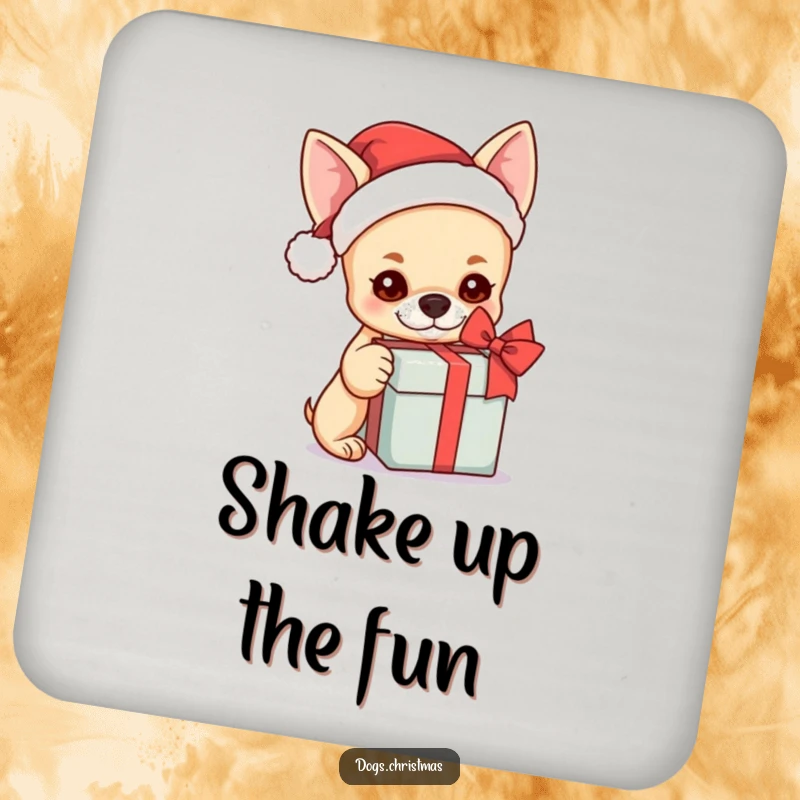 Funny kawaii chihuahua with a Santa hat curiously shaking a gift box, a cute coaster for drinks.