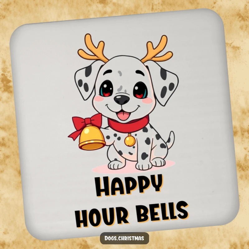 Funny Kawaii Dalmatian Coaster: A dalmatian with reindeer antlers holds a jingling bell, a humorous and functional drink accessory.