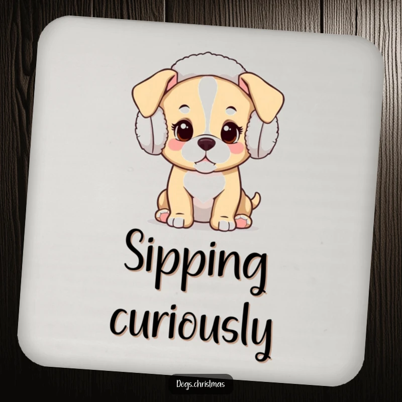 Funny Kawaii Puppy Coaster: A humorous coaster featuring a curious kawaii puppy wearing festive earmuffs, protecting drinks.