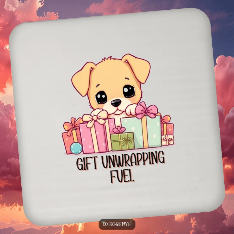 Funny Drink Coaster: A playful puppy peeking from behind gifts, protecting surfaces with charm.