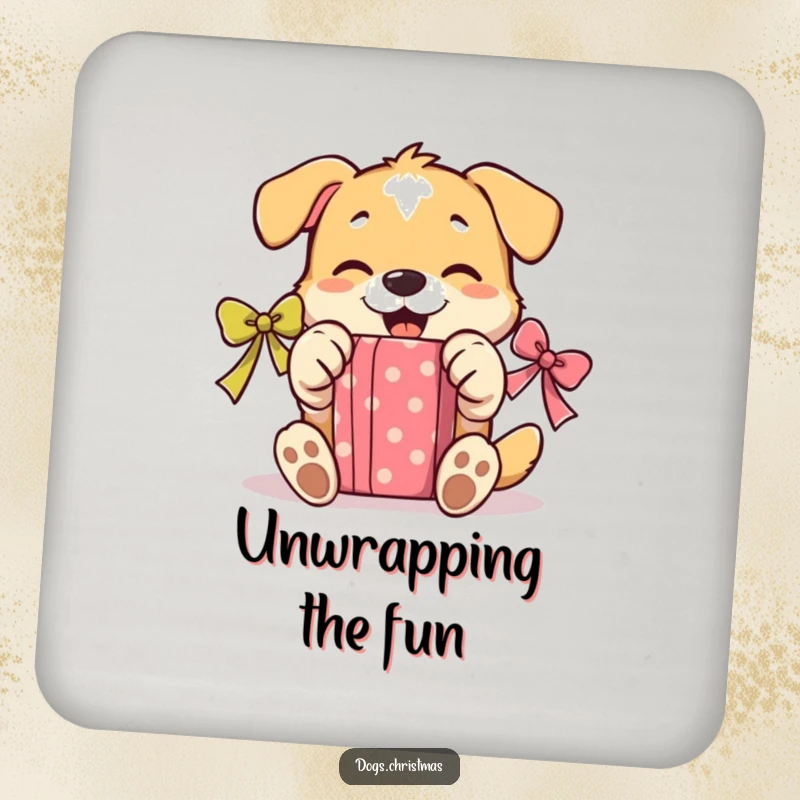 Funny Unwrapping Dog Coaster: A humorous coaster featuring a dog gleefully using its paws to open a present, adding joy.