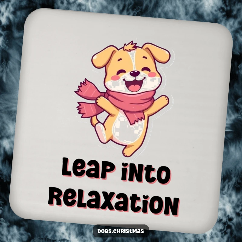 Funny dog coaster, happy character wearing a scarf, doing a joyful leap, table protection.