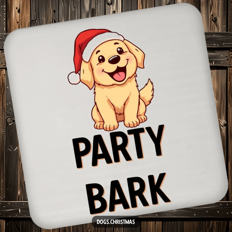 Funny, excited kawaii golden retriever in a Santa hat wagging its tail, mouth open, on a protective drink coaster.
