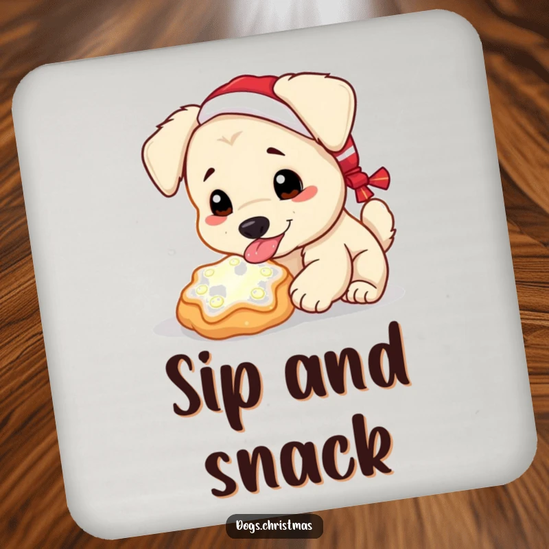 Funny Kawaii Dog Coaster: A dog enjoys a glowing Christmas cookie, adding funny holiday magic to protect your surfaces.