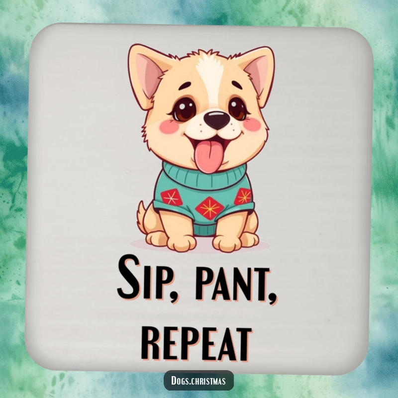 Funny Dog Coaster of a cute dog in a festive sweater, panting happily, perfect for holiday table protection.
