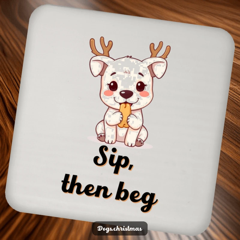Funny kawaii dog wearing reindeer antlers, begging for treats, featured on protective drink coasters.