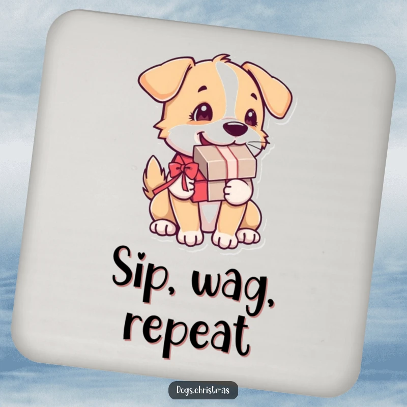 Funny Dog Coaster: A happy dog holds a present, tail wagging, protecting surfaces with a burst of joy.