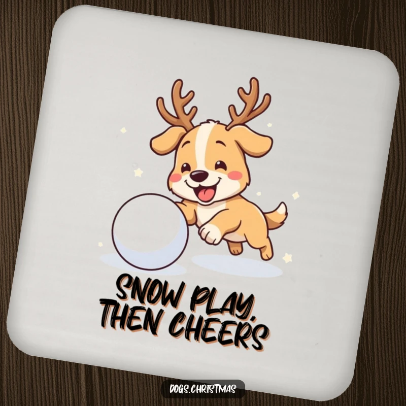 Funny antler dog drink coaster featuring a dog with antlers chasing a snowball, perfect for winter home decor.