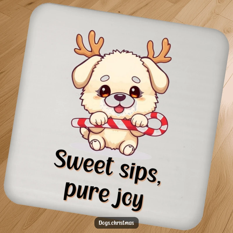 Funny dog coaster, fluffy character, festive antlers, tug-of-war with candy cane, table protection.