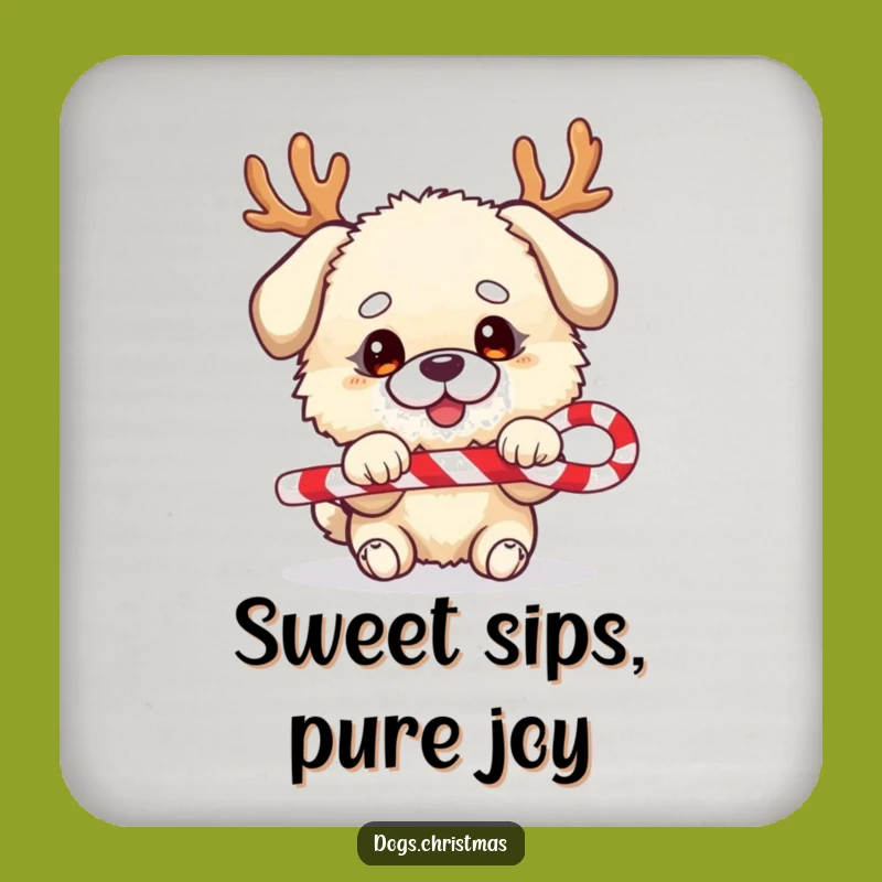 Protective Funny Festive Dog Coaster - Fluffy Antler Pup Candy Cane