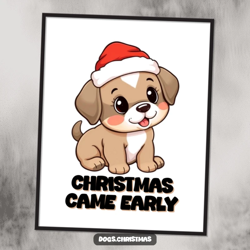Funny poster print of a cute puppy wearing a Santa hat, tail wagging, bringing festive cheer to any wall.