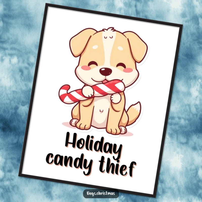 Funny Poster: A dog holding a candy cane in its mouth, tail wagging, radiating pure festive joy and sweetness.