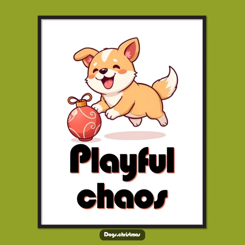 Funny Christmas Dog Poster, Ornament Chase Art, Festive Holiday Decor