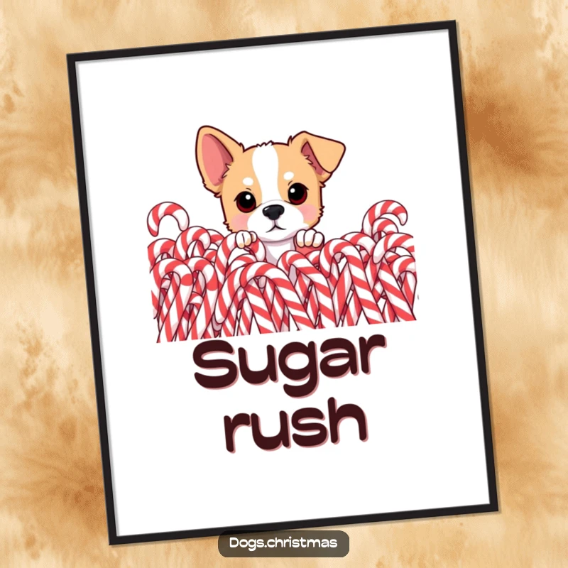 Funny dog poster, curious dog peeking from behind pile of candy canes, eyes wide with wonder, conveying sweet holiday mischief, wall art.