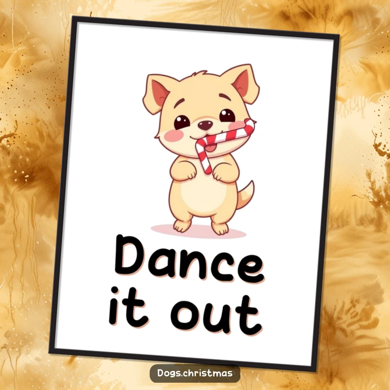 Funny Dog Poster featuring a cute kawaii dog doing a happy dance with a candy cane, perfect for adding festive charm to walls.