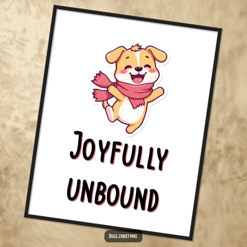 Funny dog poster, happy character wearing a scarf, doing a joyful leap, energetic wall art.