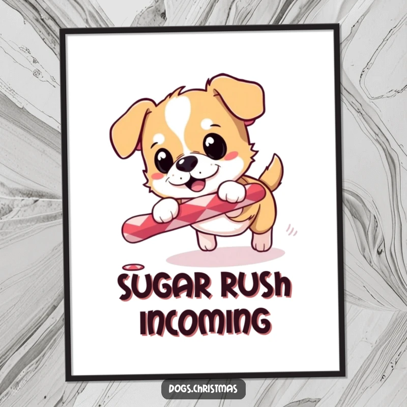 Funny poster print of a small dog excitedly chasing a rolling candy cane, perfect for holiday decor.