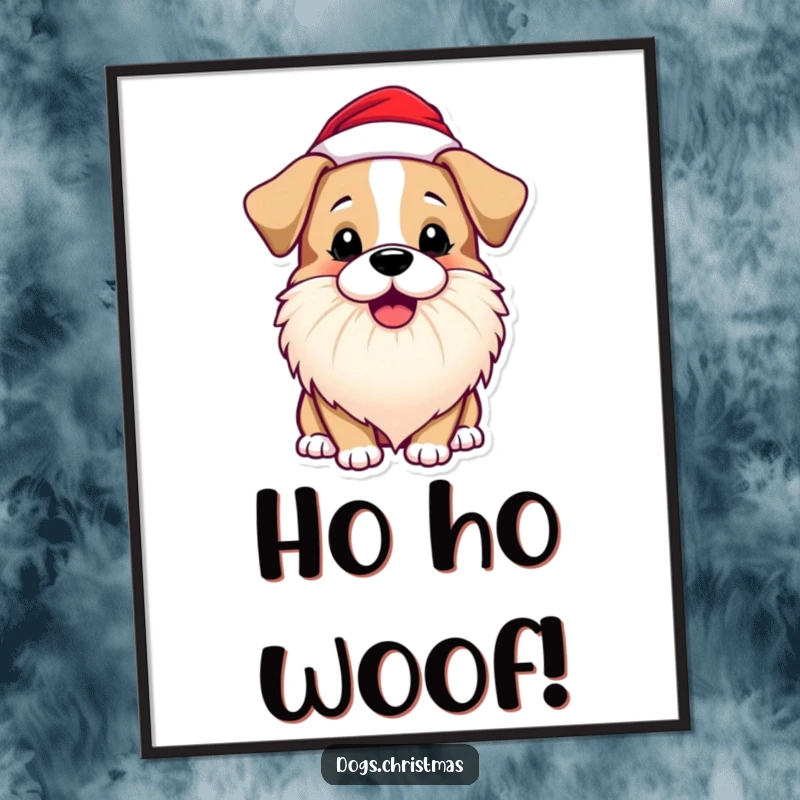 Funny Dog Poster of a dog wearing a Santa beard and barking playfully, ideal for Christmas wall art.